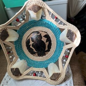 Handcrafted Owl primitive folk Art woven basket carved on coconut shell